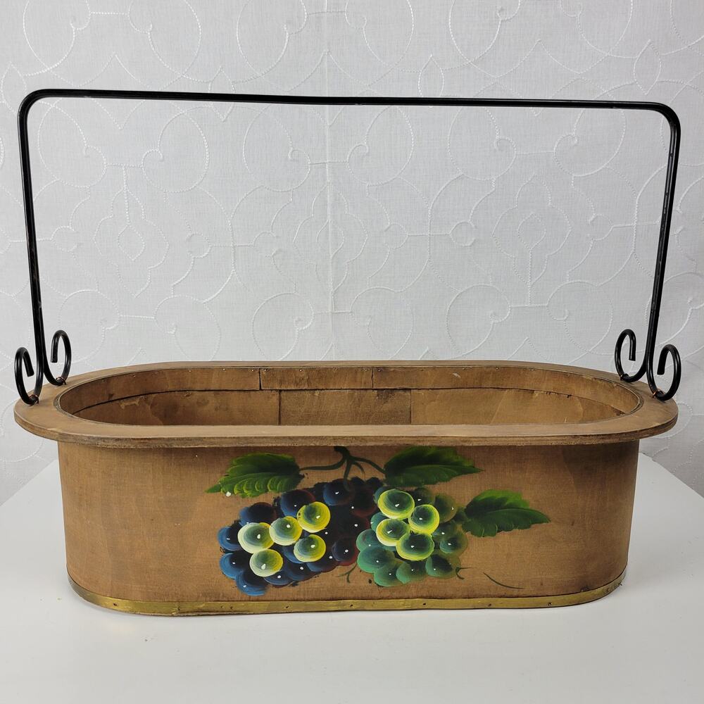 Vintage Handpainted Primitive Wood Basket Planter Brown Grape Motif Metal Handle